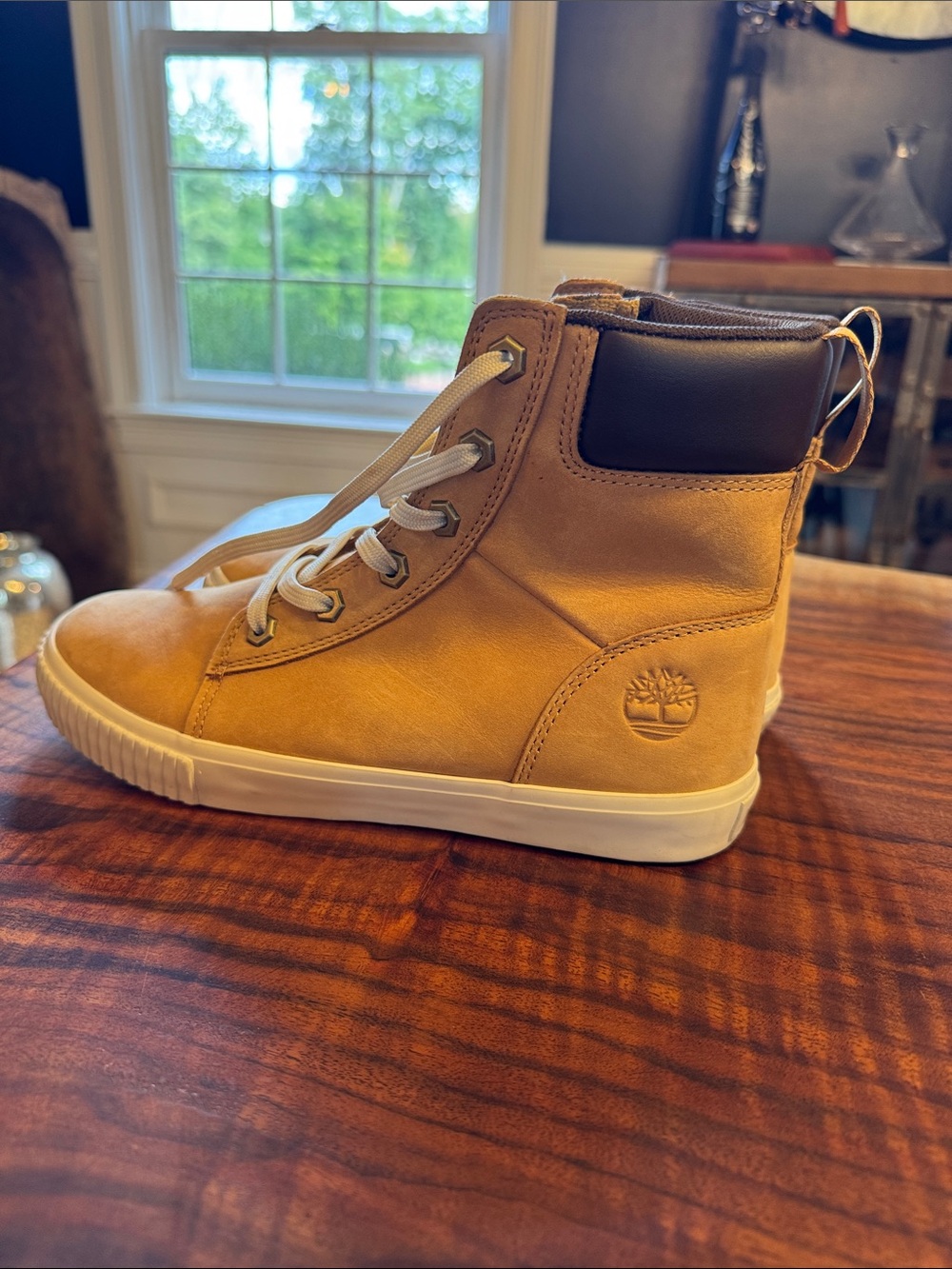 Timberland Women’s 7.5 ReBOLT Tan Lace-Up High-Top Boots with Dark Collar